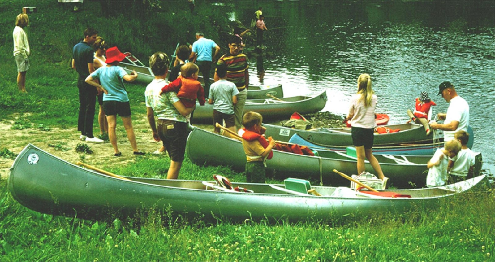 Families and canoes at the first Keel-Haulers club paddle in 1967