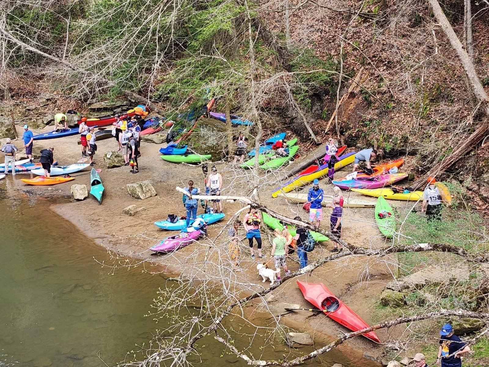 Paddlers socializing on shore.